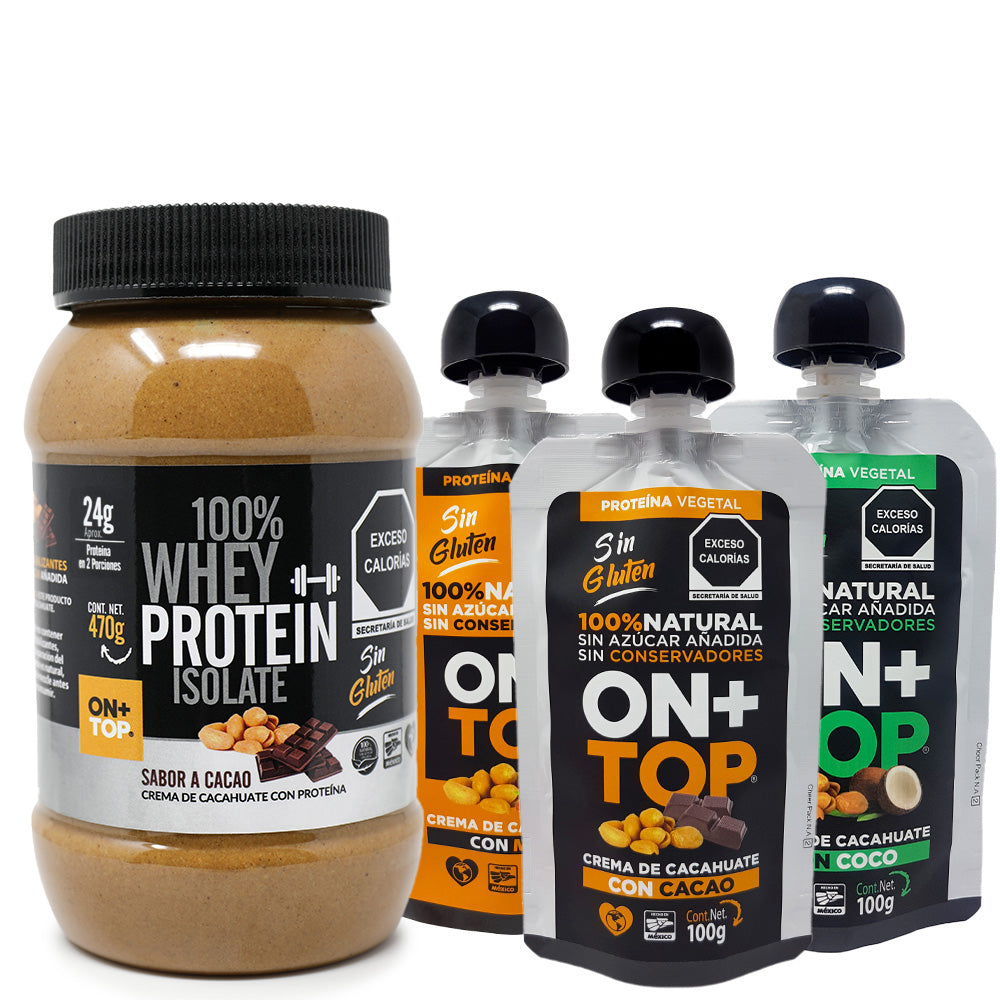 4 Pack Crema De Cacahuate Cacao Whey Protein Isolate + Pouch Mixtos.