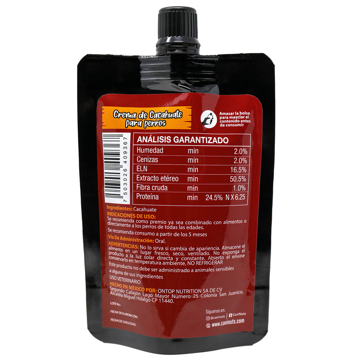 Crema de Cacahuate Natural para Perro Pouch 100g.
