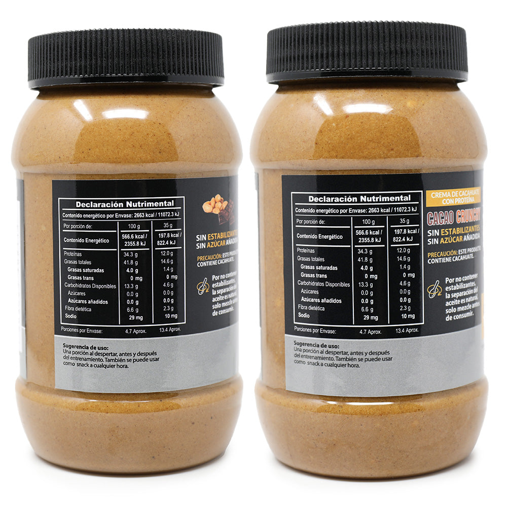 2 Pack Crema De Cacahuate con Cacao Y Cacao Crunchy + Whey Protein Isolate.