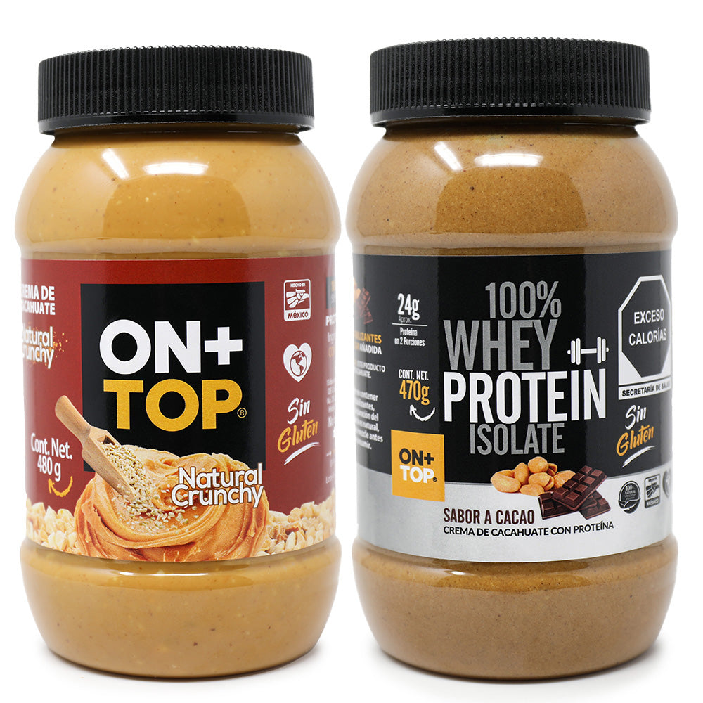 2 Pack Crema De Cacahuate Natural Crunchy + Cacao Whey Protein Isolate.