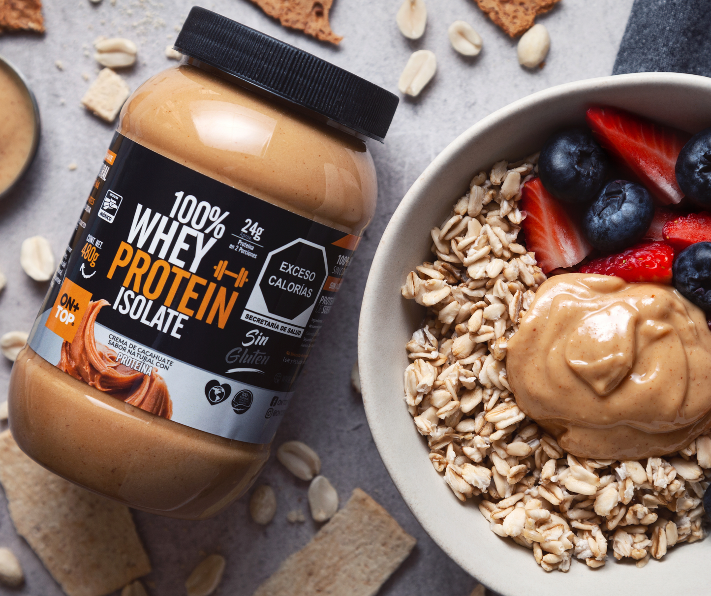 Crema De Cacahuate Natural + Whey Protein Isolate 480g.