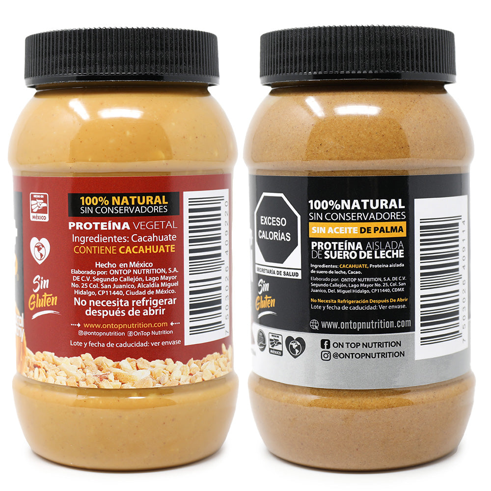 2 Pack Crema De Cacahuate Natural Crunchy + Cacao Whey Protein Isolate.