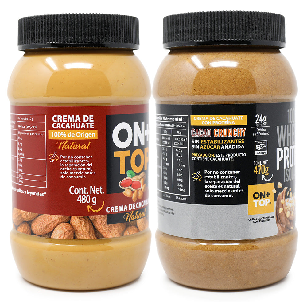2 Pack Crema De Cacahuate Natural + Cacao Crunchy Whey Protein Isolate.