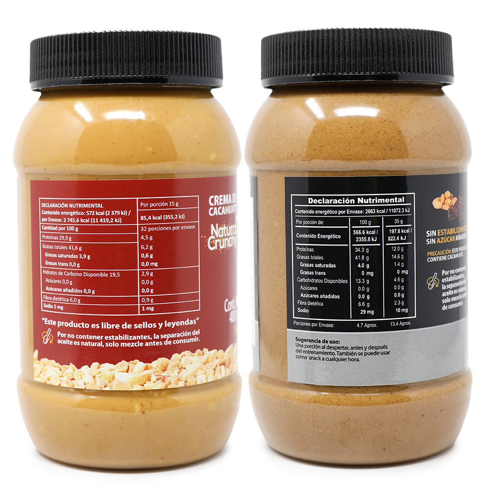 2 Pack Crema De Cacahuate Natural Crunchy + Cacao Whey Protein Isolate.